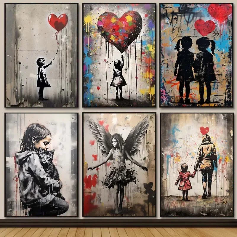 Resin Art On Canvas - Banksy Graffiti Anak Laki-laki Perempuan dengan